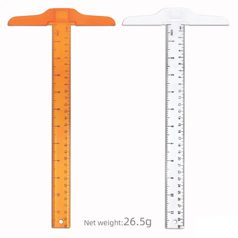 Orange-yellow plastic T-square ruler showing 30 cm scale and right-angle edge for drafting.