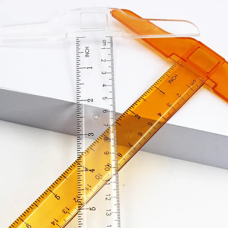 Orange-yellow plastic T-square ruler showing 30 cm scale and right-angle edge for drafting.