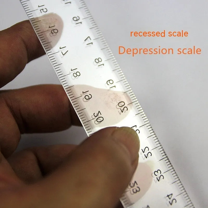 Orange-yellow plastic T-square ruler showing 30 cm scale and right-angle edge for drafting.
