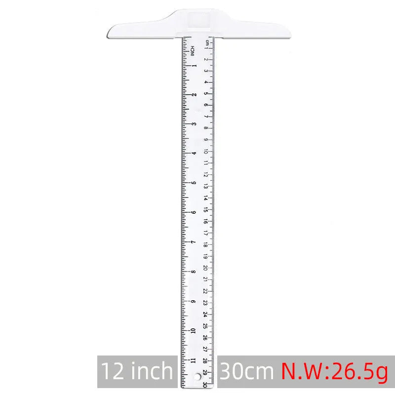 Orange-yellow plastic T-square ruler showing 30 cm scale and right-angle edge for drafting.