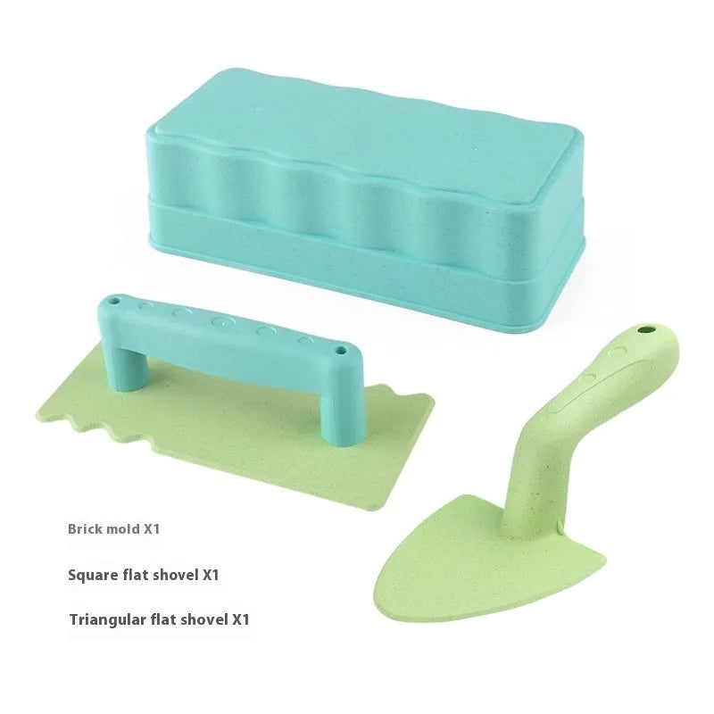 Wheat straw sand shovel toy 19cm in brown and green with brick mould