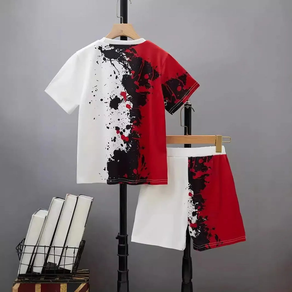 Boys' short sleeve cotton blend t-shirt and shorts set with animal pattern, available in multiple colours