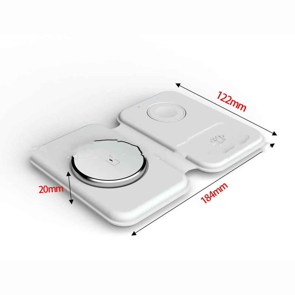 Folding magnetic three-in-one wireless charger in black with phone, watch, and earbuds on a desktop