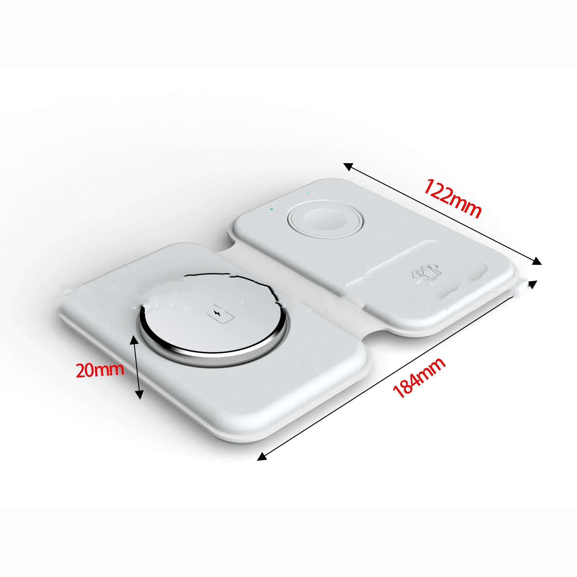 Folding magnetic three-in-one wireless charger in black with phone, watch, and earbuds on a desktop