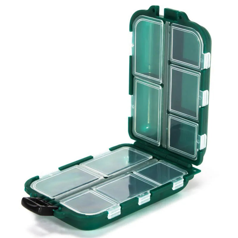 Small green plastic fishing tackle storage box with 10 internal compartments, shown open.
