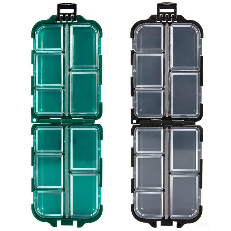 Small green plastic fishing tackle storage box with 10 internal compartments, shown open.
