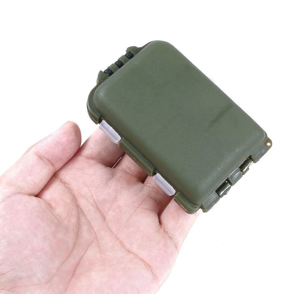Small green plastic fishing tackle storage box with 10 internal compartments, shown open.