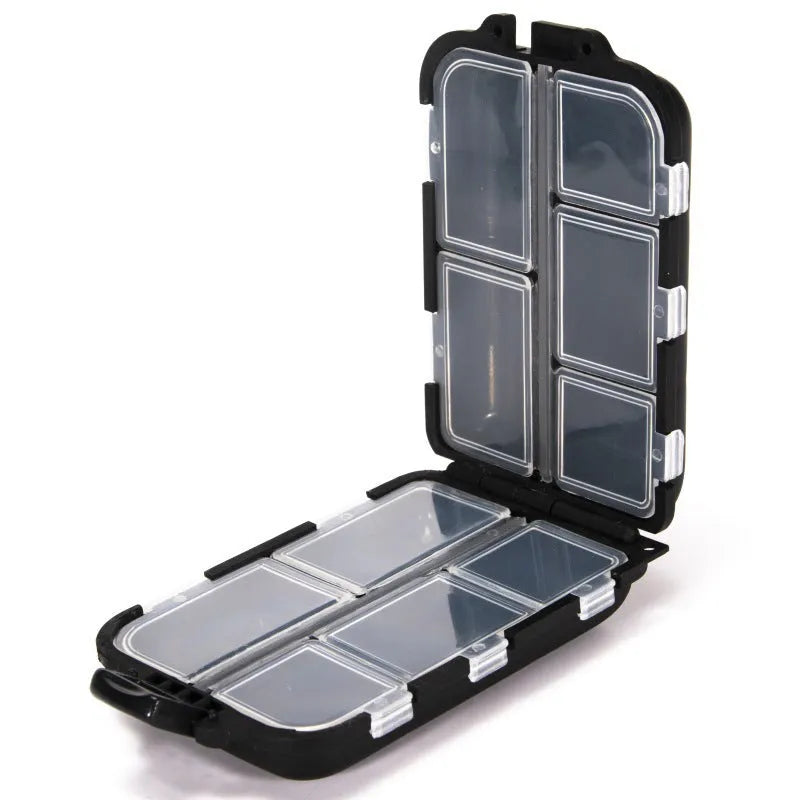 Small green plastic fishing tackle storage box with 10 internal compartments, shown open.