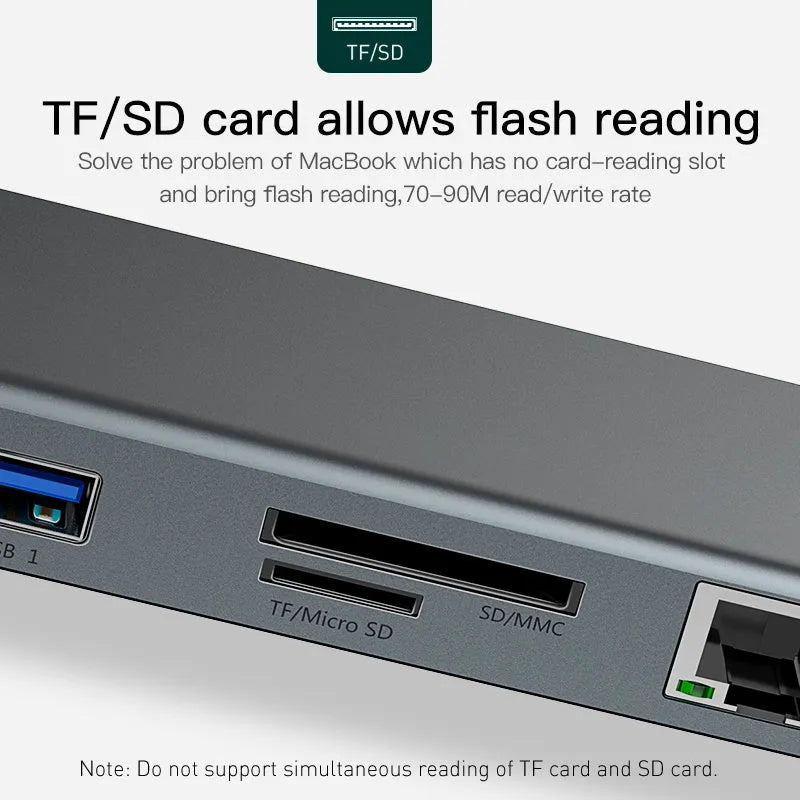 Black and grey aluminium USB-C hub docking station with ten ports and an integrated laptop cooling bracket.
