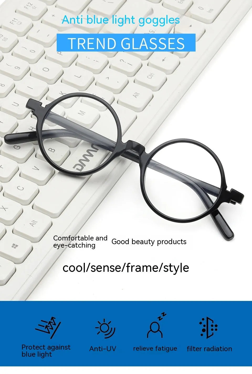 Retro round flat mirror glasses in bright black, sand black, tofu pudding, and transparent grey frame colours.