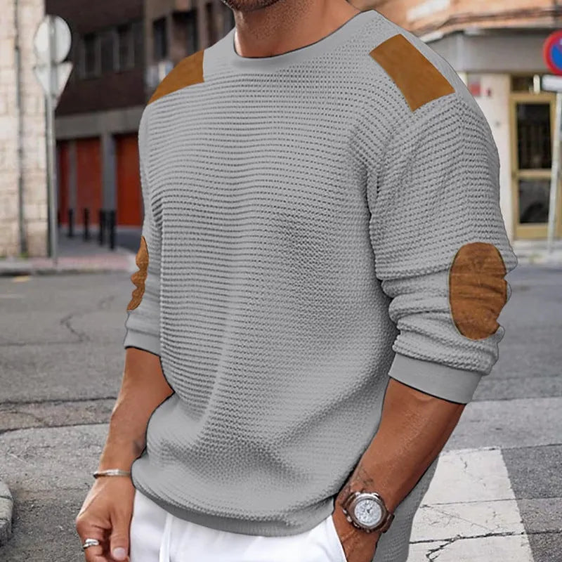 Men's acrylic round neck long sleeve slim fit pullover in grey, front view