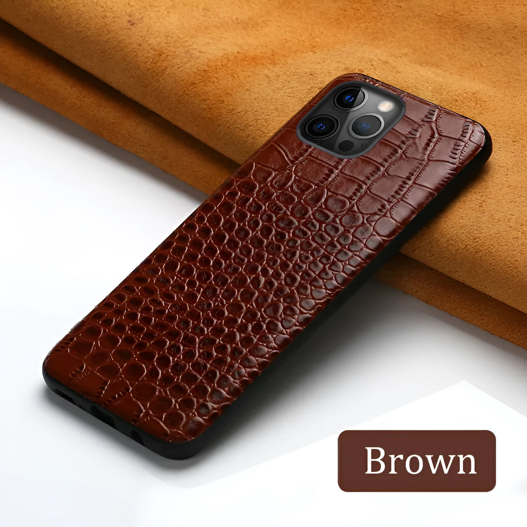 Leather iPhone case with crocodile pattern in business style showing anti-fall protection design