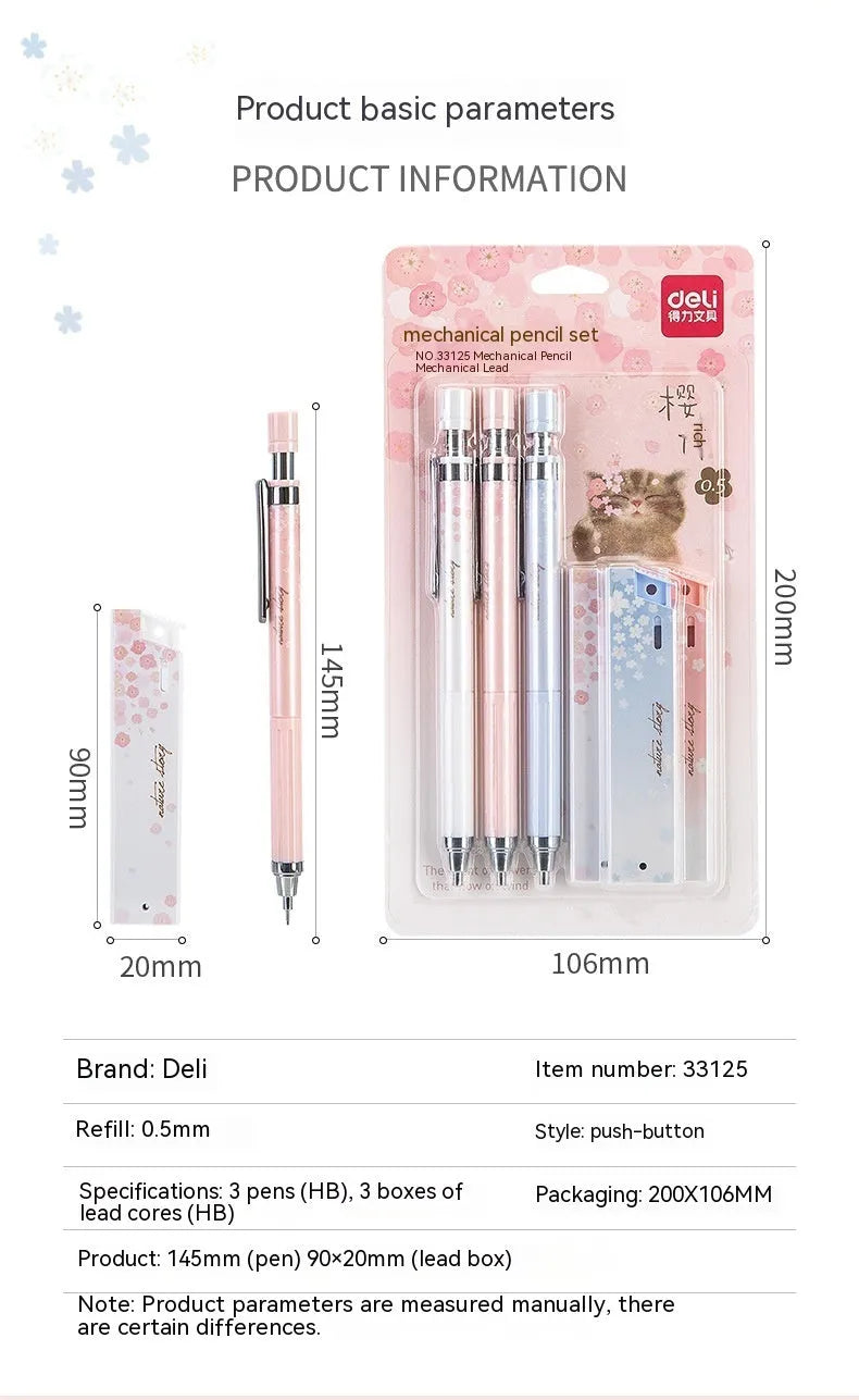 Mixed colour 0.5mm cartoon propelling pencils and HB refill boxes set on a white surface.