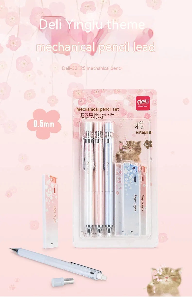 Mixed colour 0.5mm cartoon propelling pencils and HB refill boxes set on a white surface.