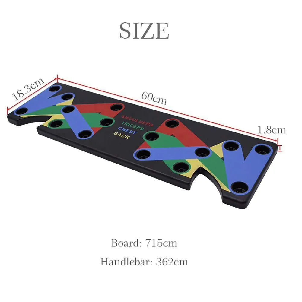 9 in 1 push up rack training board with colour-coded chest, shoulders, back, and triceps zones, leather mat, and two foam handbars