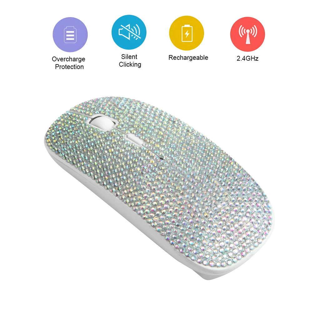 White wireless optical mouse with 2.4G USB receiver, 4 buttons, and rechargeable battery