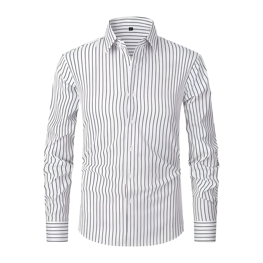 Men's slim fit striped long sleeve shirt in ice silk polyester blend for business formal wear