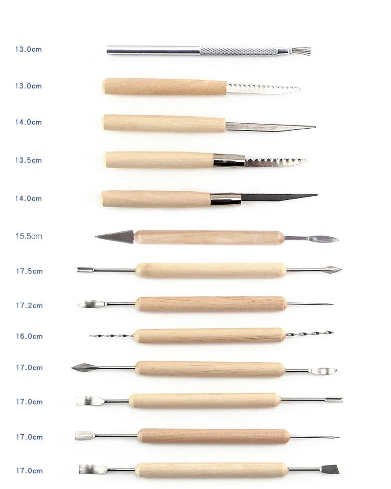 Brown OPP bag containing 27-piece pottery tool set with stainless steel, wood, and plastic sculpting implements.