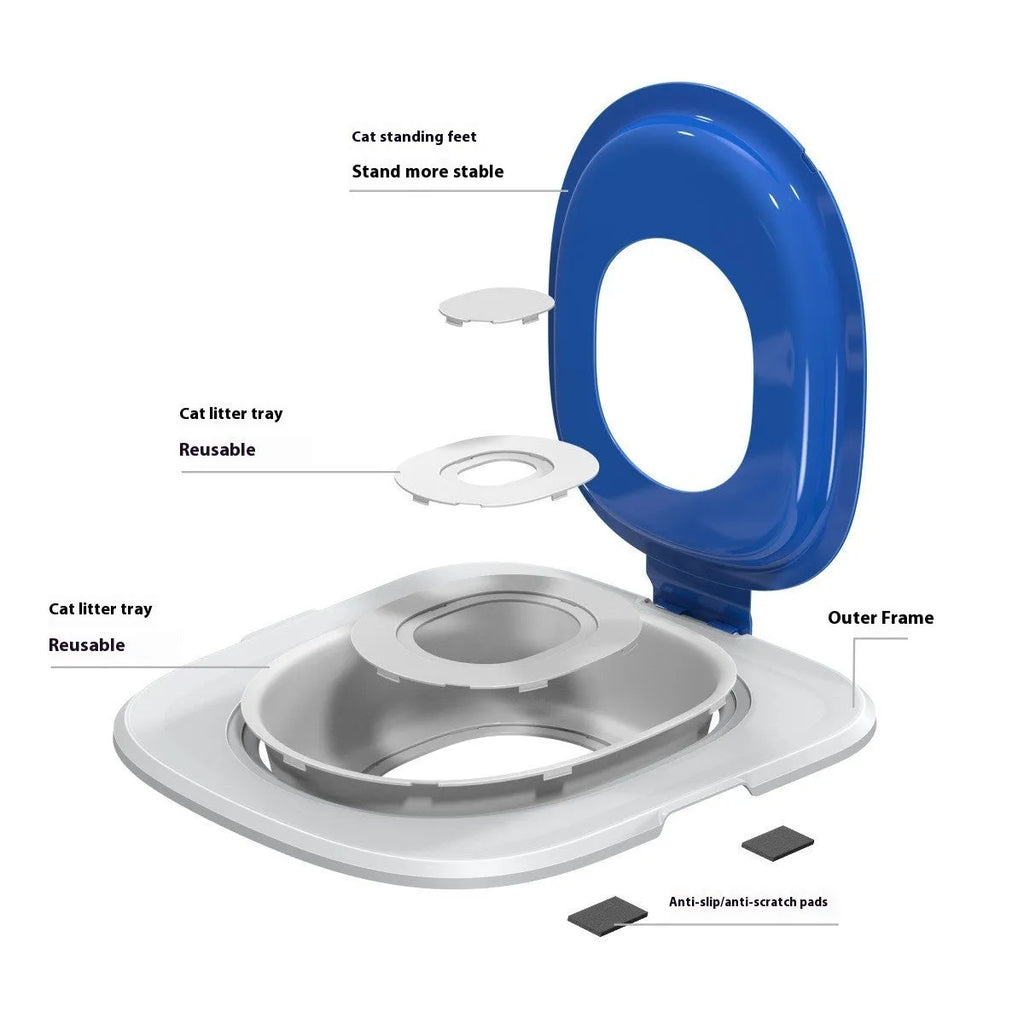 Fifth generation cat toilet trainer mat in blue, grey, or green colours made from ABS plastic.