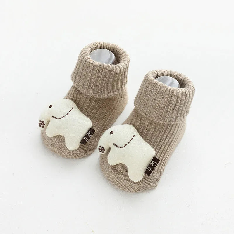 Baby non-slip socks with glue print sole in blue white bear colour, loose fit combed cotton middle tube