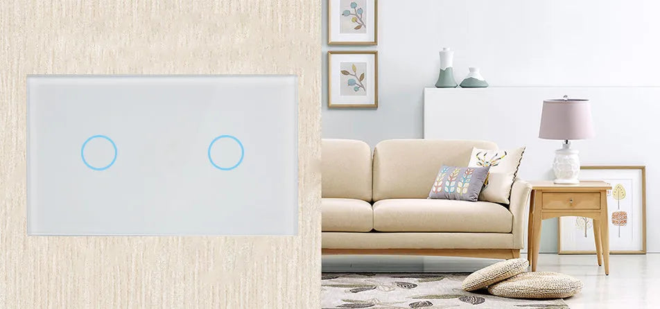White 2-gang RF remote control touch wall switch with tempered glass panel