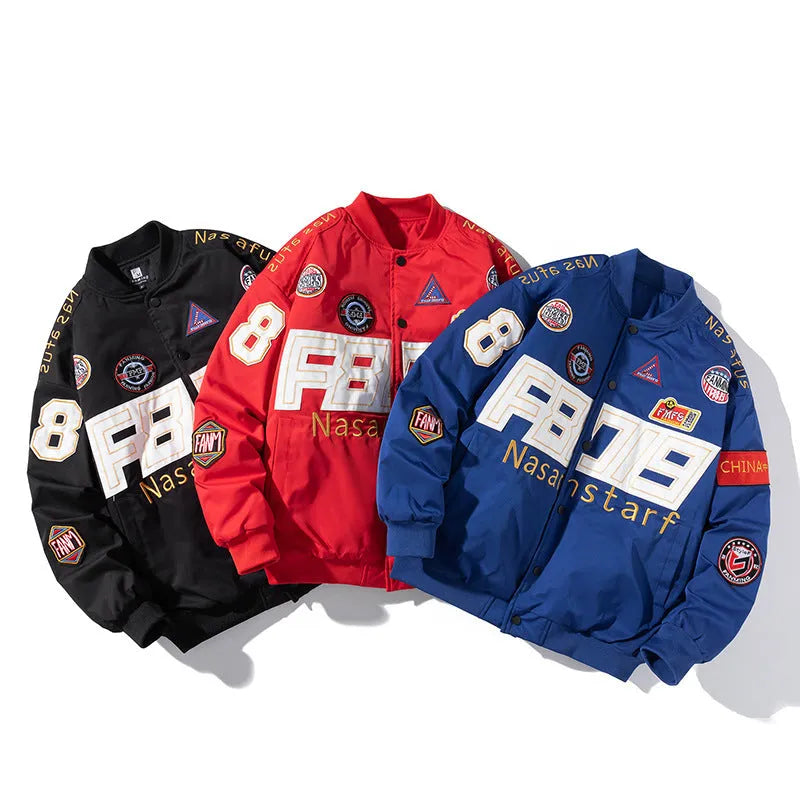 Black American motorcycle baseball uniform jacket with side pockets and removable hood