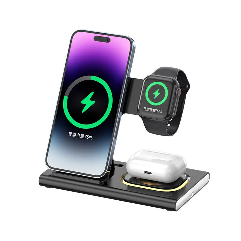 Black folding four-in-one wireless charger for phone and watch, 165X141.4X19MM plastic USB charging station