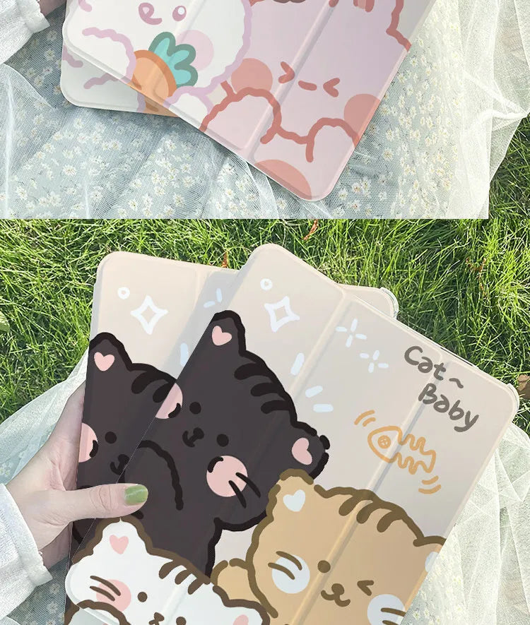Flat silicone tri-fold protective case for iPad with cartoon rabbit design