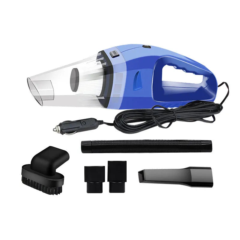 Orange handheld car vacuum cleaner with nozzle, 12V plug and cord for interior cleaning.