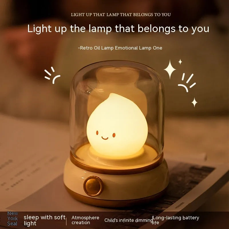 Retro small USB rechargeable night lamp with adjustable warm light on bedside table, compact 100x108x124mm size