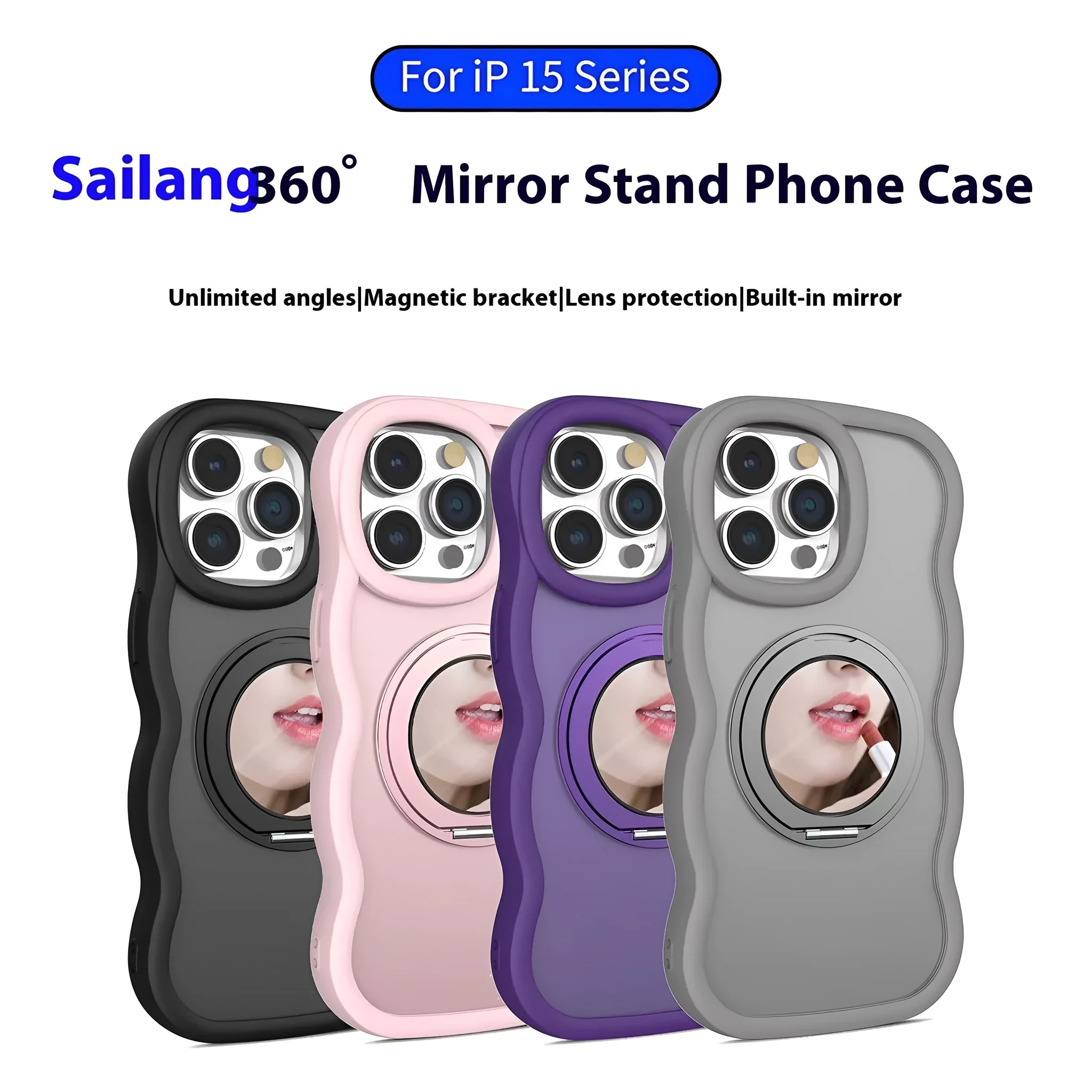 Magnetic suction phone case with mirror bracket in black for Apple iPhone 15 Pro Max