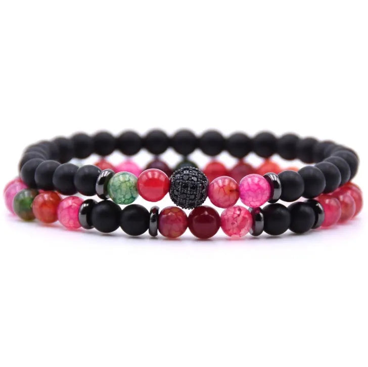 Micro-inlaid zircon 6mm natural stone beaded bracelet with elastic line, 19cm length, 24g weight