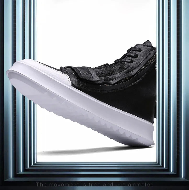 Men's black PU leather winter ankle boots in a high-top sneaker style on a white background.
