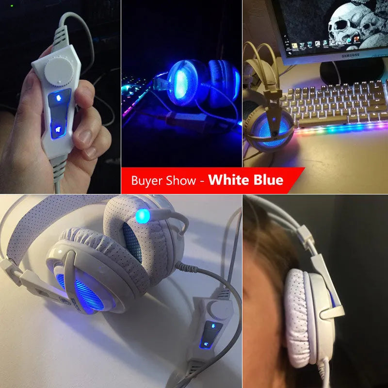 Black USB gaming headset with LED lights showing 7.1 surround sound and padded ear cushions
