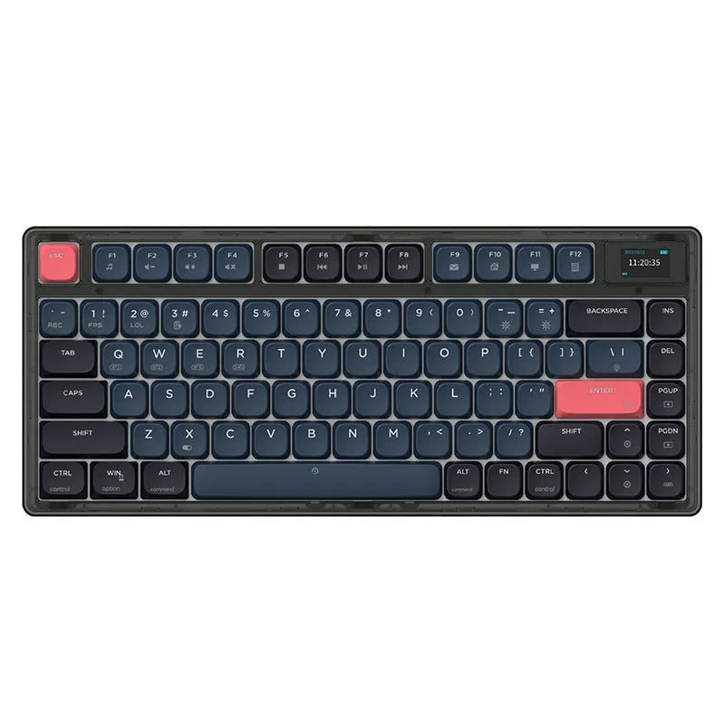 Ajazz AK832PRO green three-mode mechanical keyboard with colour screen on a desk.