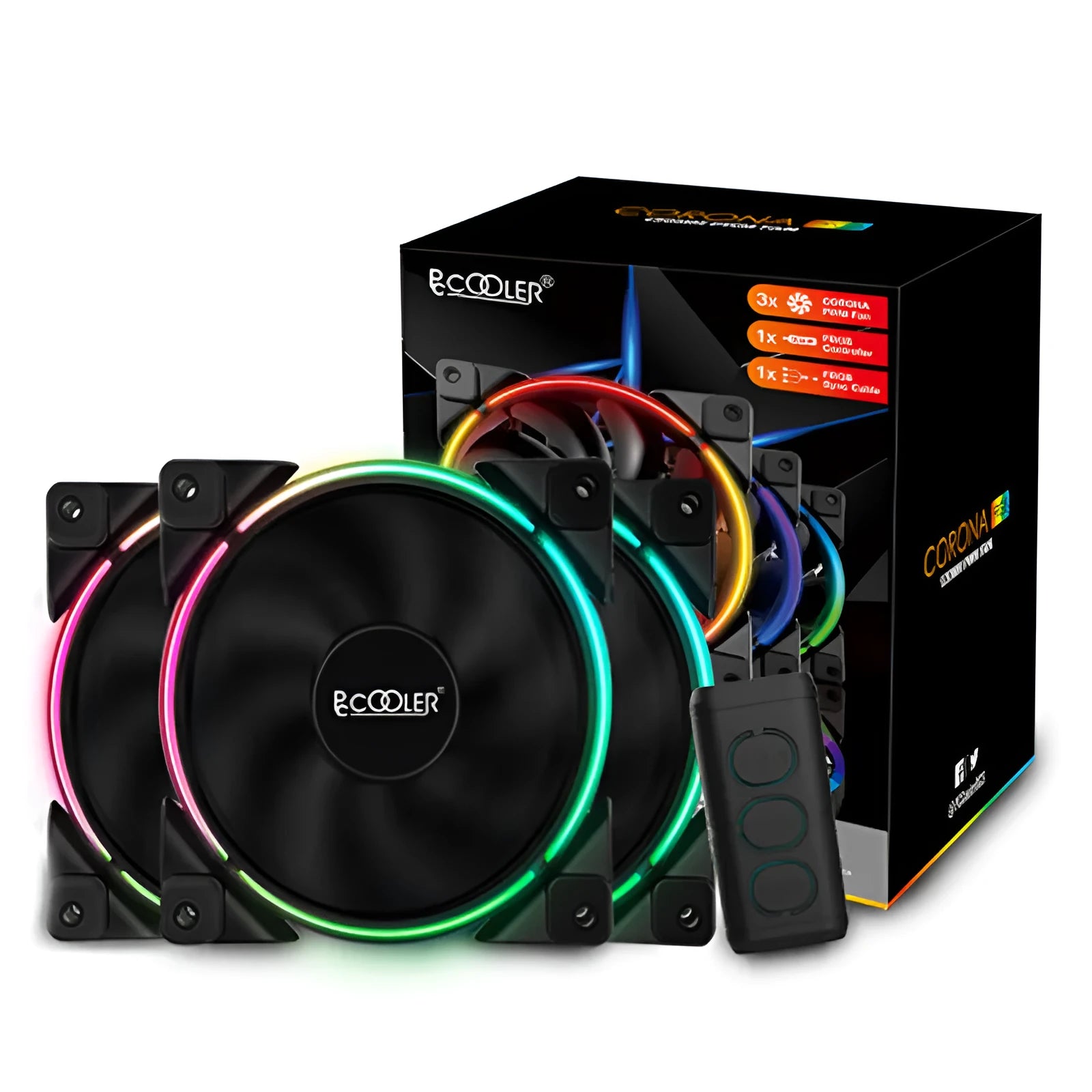 Three black 120mm PC chassis fans with FRGB lighting on blades