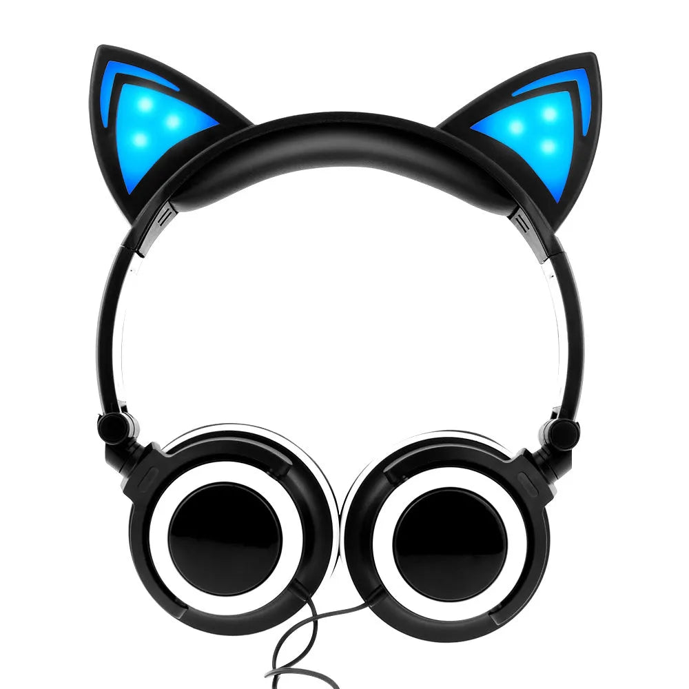 LED illuminated cat ear headphones showing lights on ears and cushions, available in multiple colours