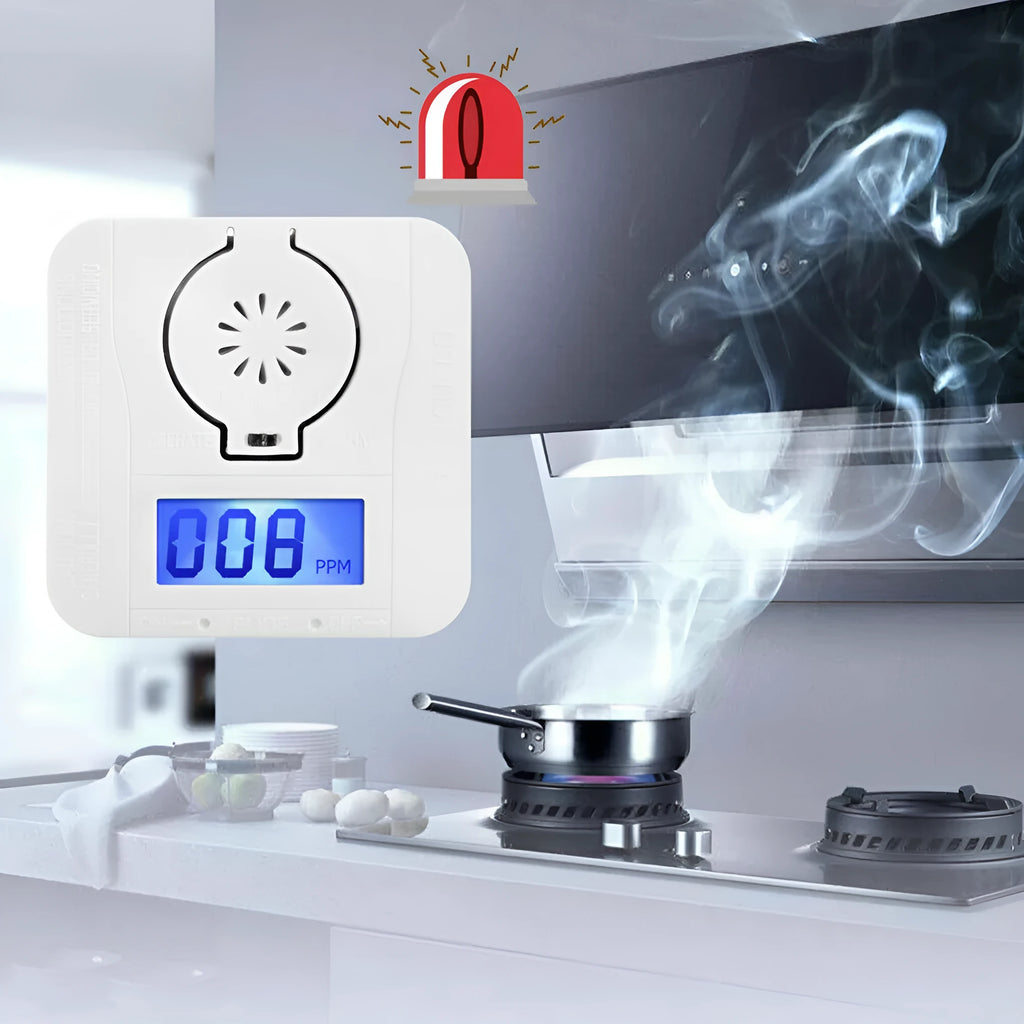 White wireless carbon monoxide alarm mounted on wall for kitchen bathroom safety
