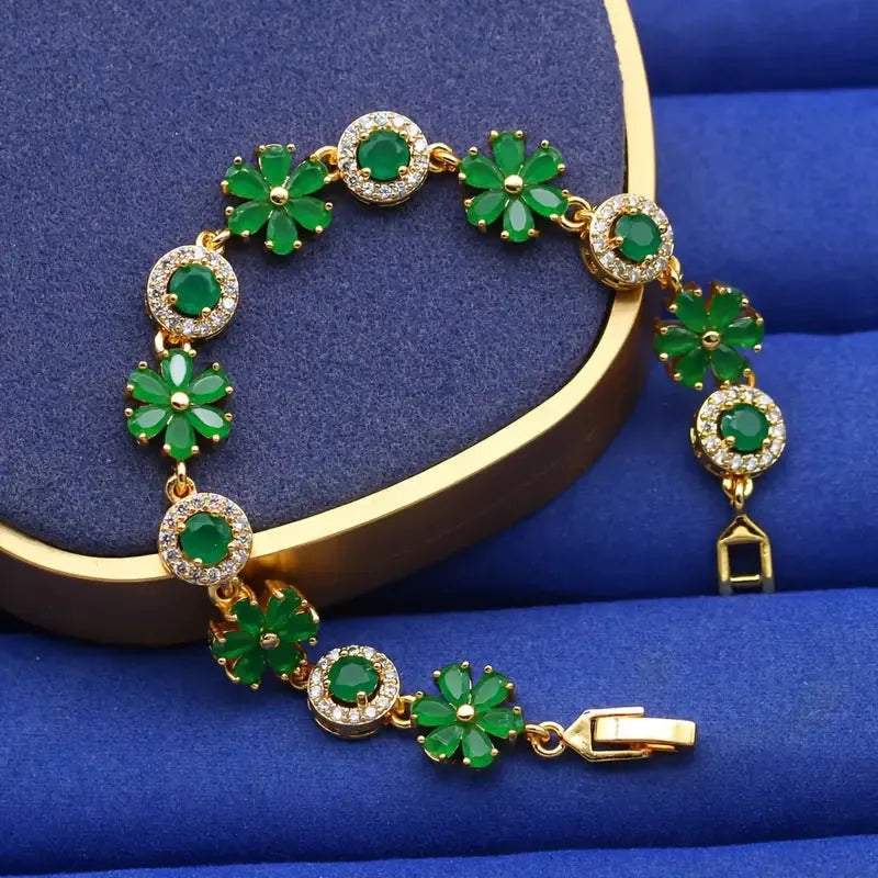 Real gold plated green zircon flower bracelet on copper base with micro inlay detail