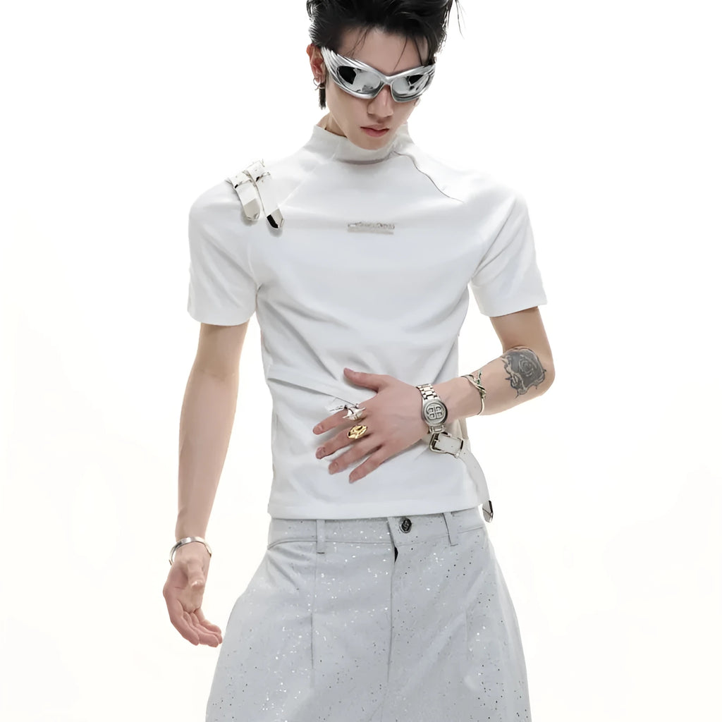 Cotton men's short sleeve T-shirt with metal belt detail and stand-up collar in slim fit design