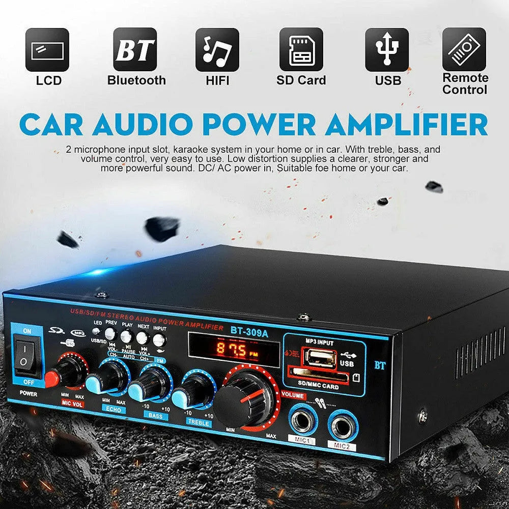 Black recording Bluetooth power amplifier with 50W+50W output for home and car audio systems