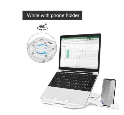 Adjustable folding laptop stand with phone holder in black, 28x28cm, for 11-17 inch notebook