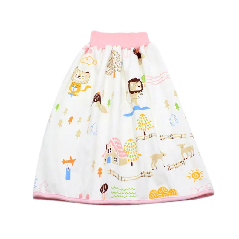 Baby girl wearing a multi-colour waterproof cotton diaper skirt with elastic waistband for belly protection