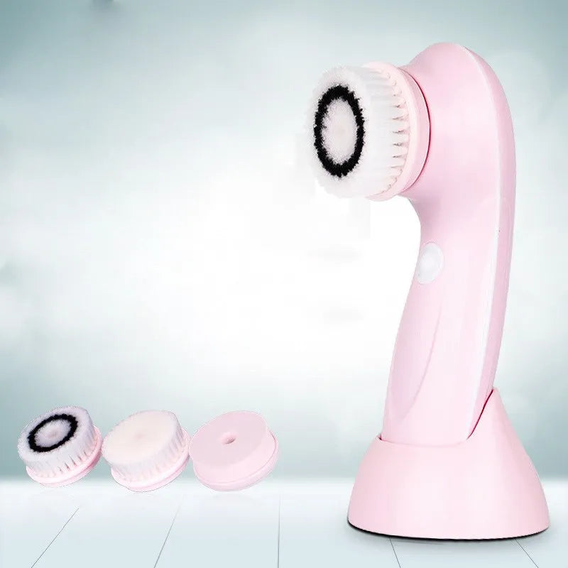 Rechargeable waterproof electric face brush in blue on a white background with USB charging cable