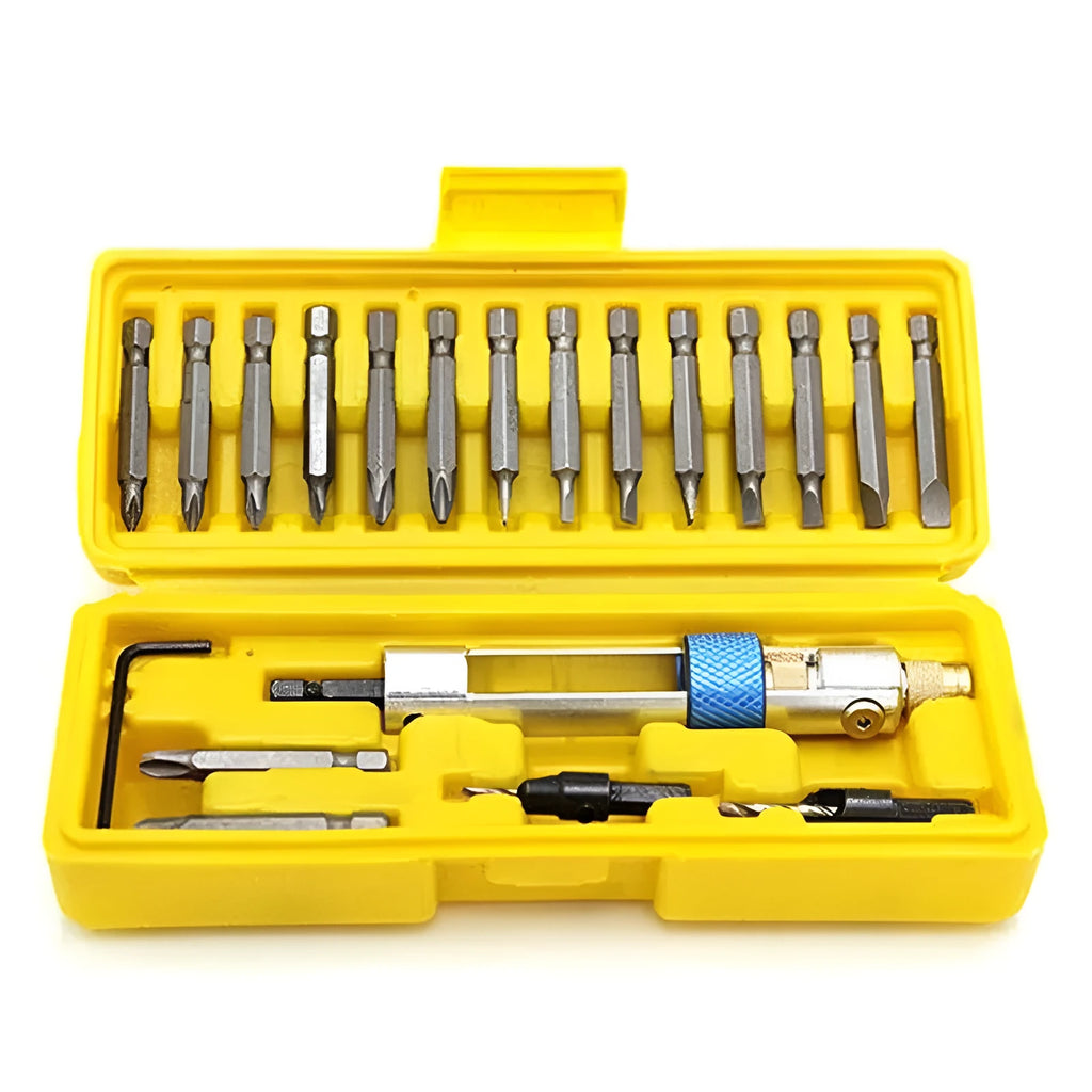 Half Time Drill driver attachment with swivel head and set of Phillips, flathead and countersink bits