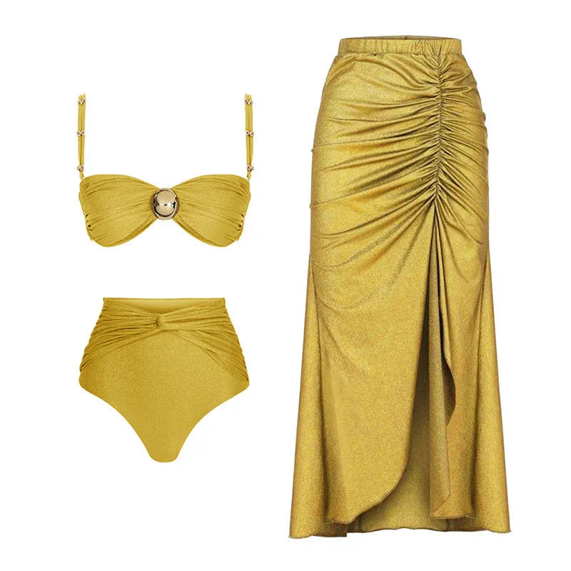 Women's high waist split bikini swimsuit in nylon fabric, available in green and yellow colour options