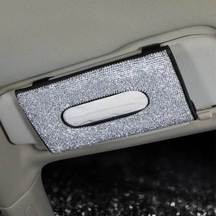 Crystal PU leather hanging sun visor car tissue box with rhinestones, metal clip, and Velcro closure in beige colour