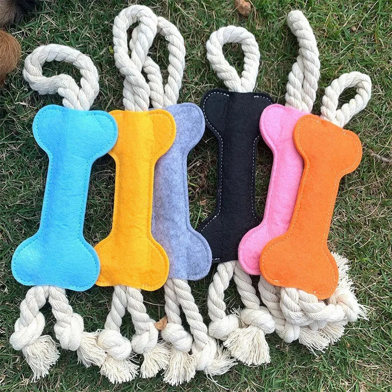 Durable bone-shaped dog rope chew toy with felt cover in four colour options