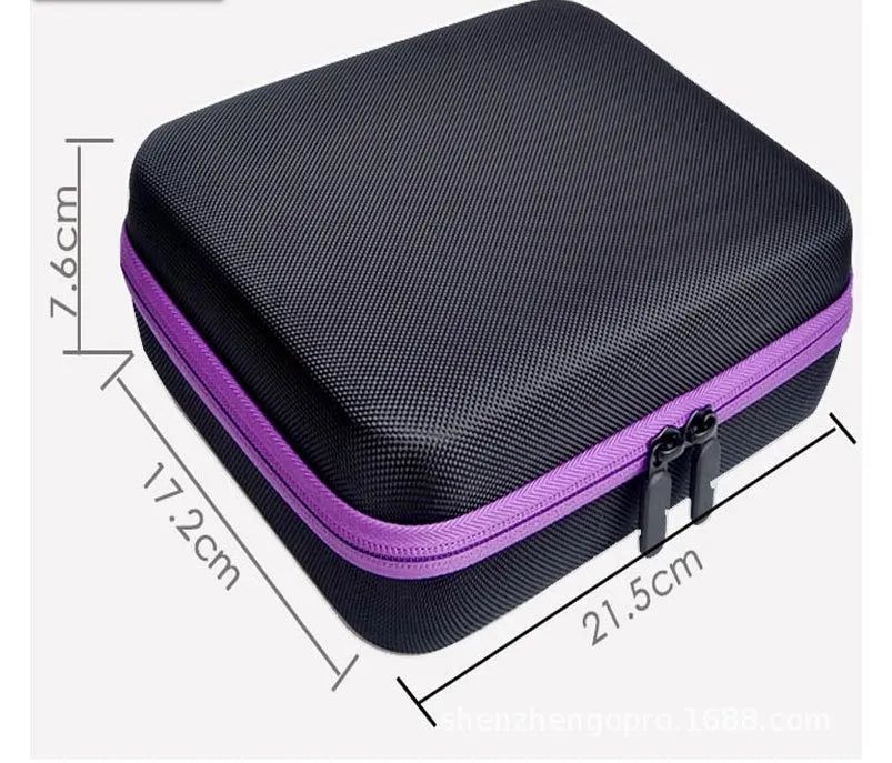 Red EVA essential oil storage bag with 30 compartments for 15ml bottles, shown hanging on a wall.