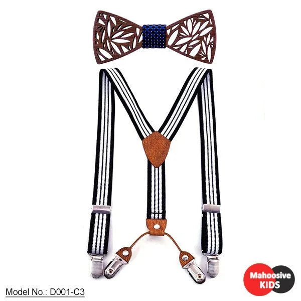 Children's wooden bow tie with matching striped suspenders and belt for boys, nine colour options available.